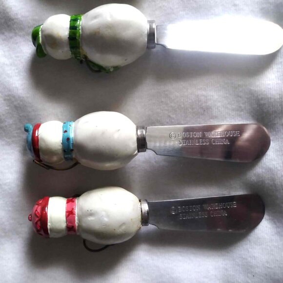 Vintage Boston Warehouse stainless China cheese butter spreader SNOWMEN set of 4 - Picture 6 of 9
